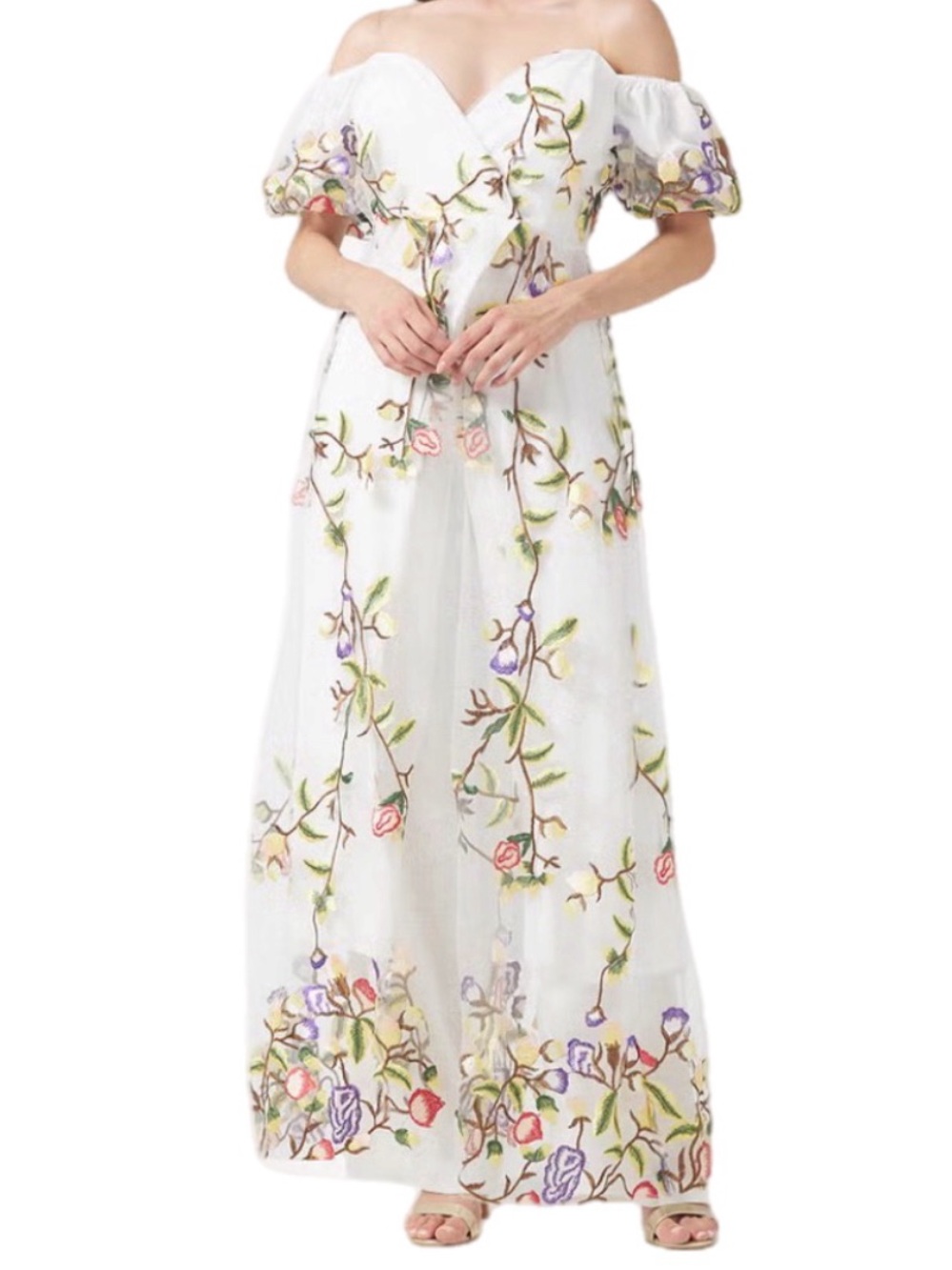 NWT Couture Lee Ivory Floral Embroidered On or Off Shoulder Short Sleeve Maxi 12 - Picture 4 of 13